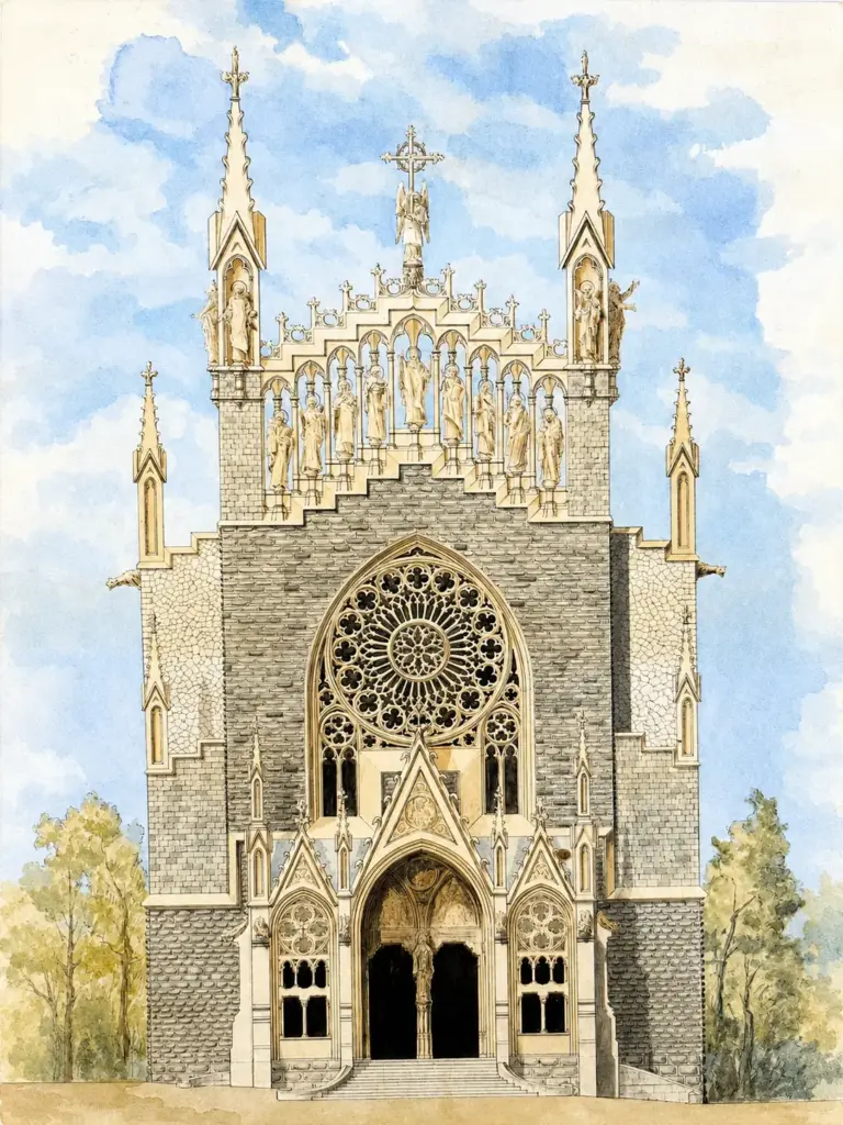 Ilustracion de la fachada de la iglesia de Sant Bartomeu en Soller