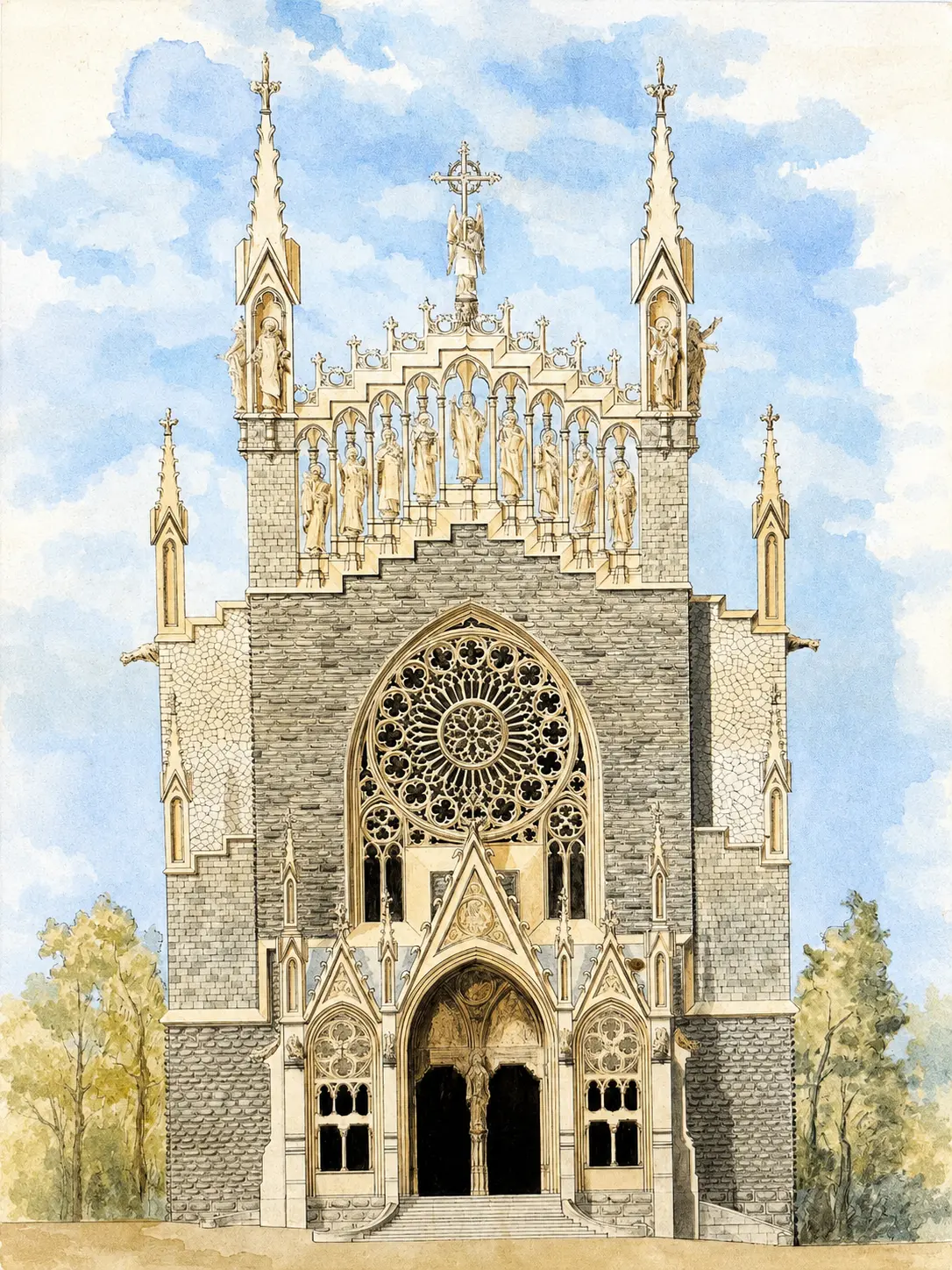 Ilustracion de la fachada de la iglesia de Sant Bartomeu en Soller